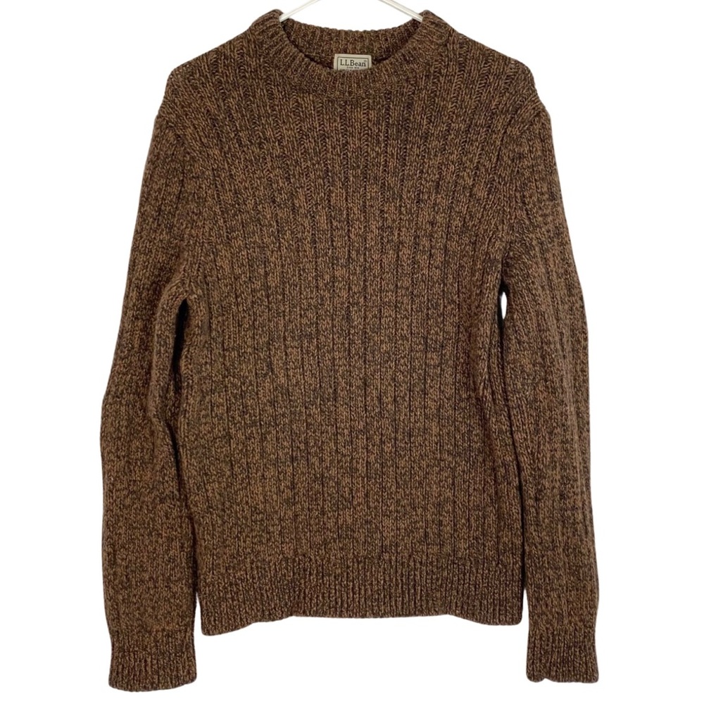 LL Bean Lambswool Fishermans Sweater Men Large Brown Tan Crewneck Ribbed 500586